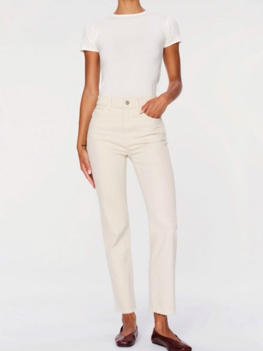 DL1961 | Patti Straight High Rise Vintage Raw Hem Ankle Jeans | Ecru | Size 28